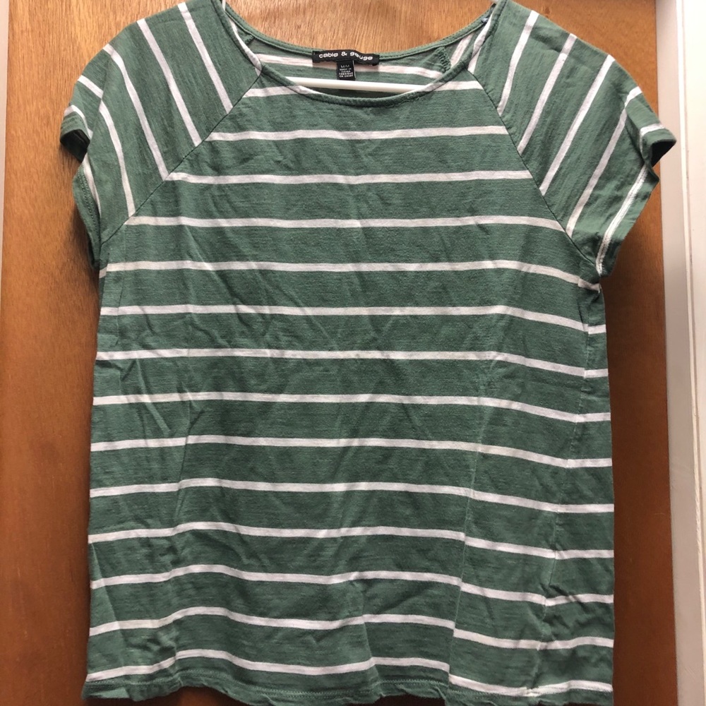 Green and White Striped Short Sleeve Shirt.